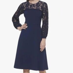 ELIZA J Navy Blue Sheer Lace Long Sleeve Keyhole Back Crepe Dress
